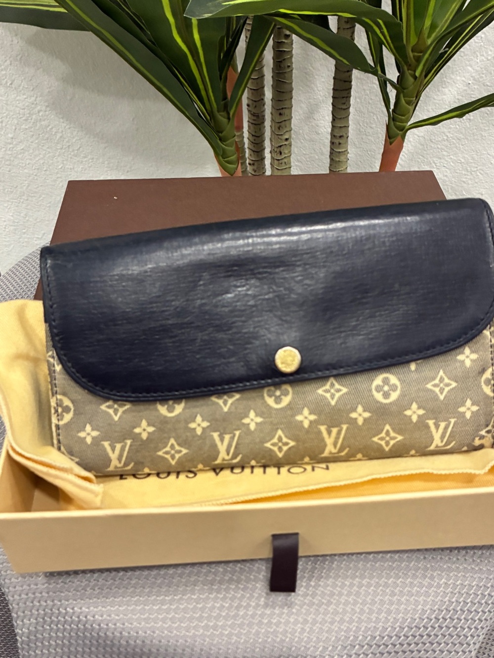 Louis Vuitton Mini Lin Navy Canvas & Leather Flap Long Wallet Continental Wallet